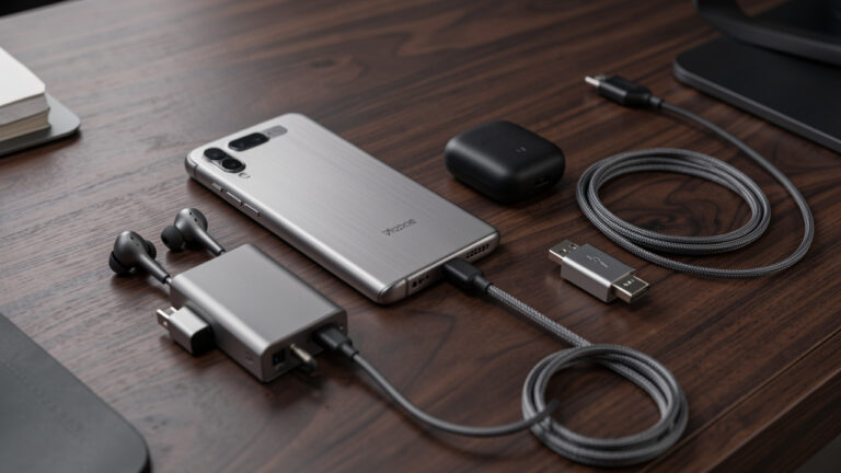 Smartphone haut de gamme accompagné d’écouteurs sans fil, d’un adaptateur audio USB-C et d’un convertisseur numérique-analogique sur un bureau en bois sombre.