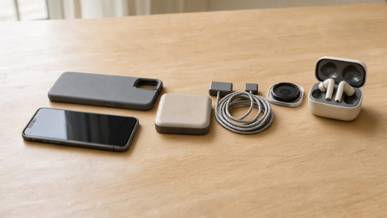 Smartphone moderne entouré d’une coque de protection, d’un chargeur sans fil, d’une batterie externe, d’un câble, d’une protection pour appareil photo et d’écouteurs sans fil.