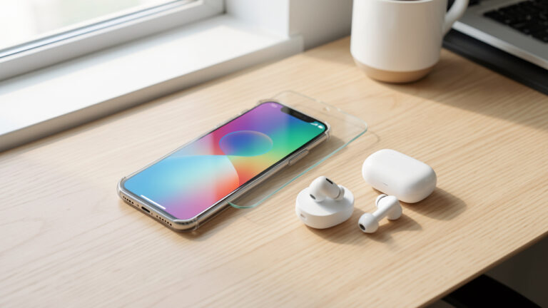 Smartphone moderne entouré d’une coque transparente, d’un verre protecteur, d’un support de charge et d’écouteurs sans fil sur un bureau clair.