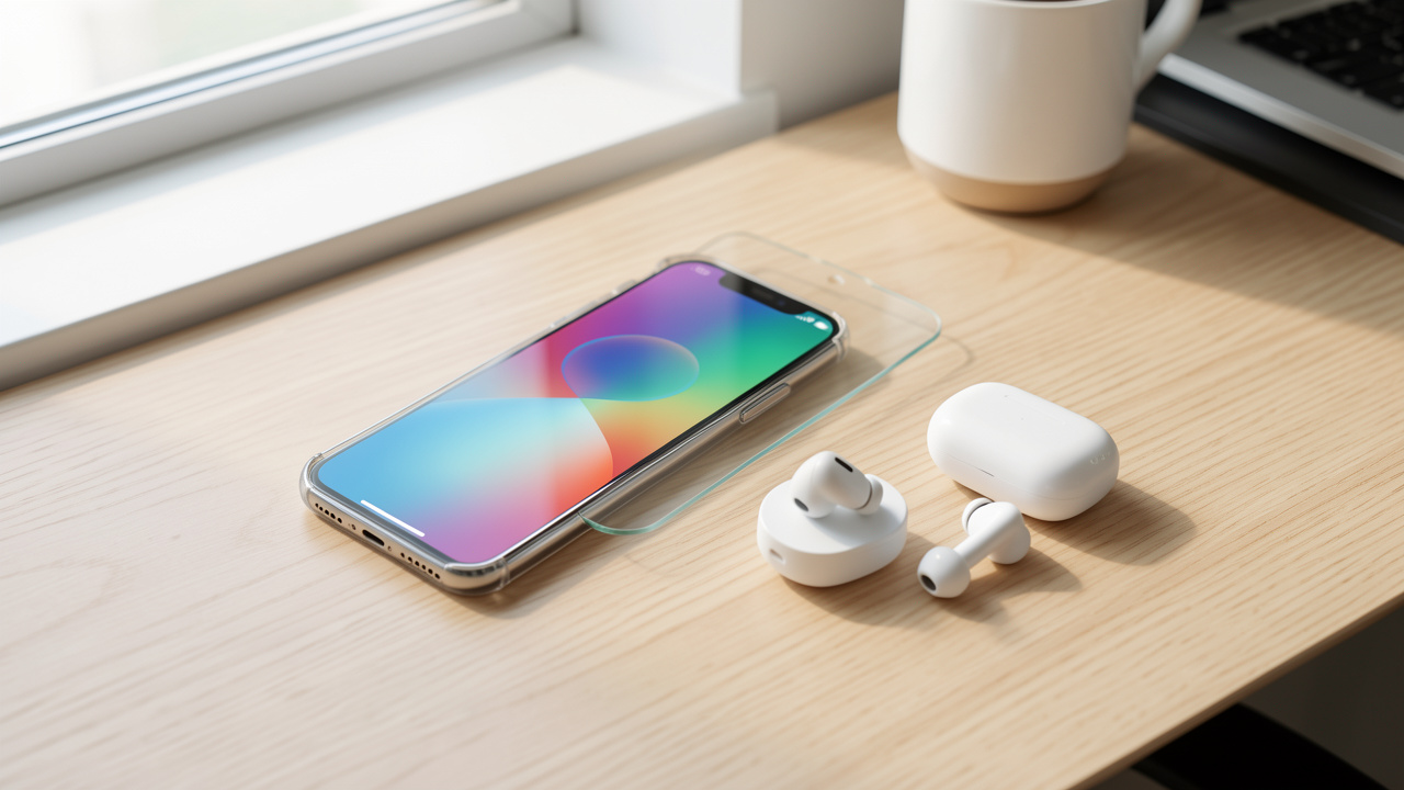 Smartphone moderne entouré d’une coque transparente, d’un verre protecteur, d’un support de charge et d’écouteurs sans fil sur un bureau clair.