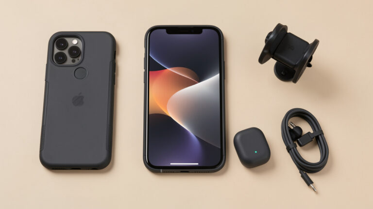 Smartphone moderne entouré d’une coque de protection, d’écouteurs sans fil, d’un câble de recharge, d’un chargeur mural, d’une protection d’écran et d’un support de voiture.