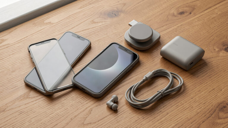 Smartphone compact entouré d’une coque de protection, d’un verre trempé, d’un support de recharge sans fil, d’un câble USB-C, d’une batterie externe et d’écouteurs.
