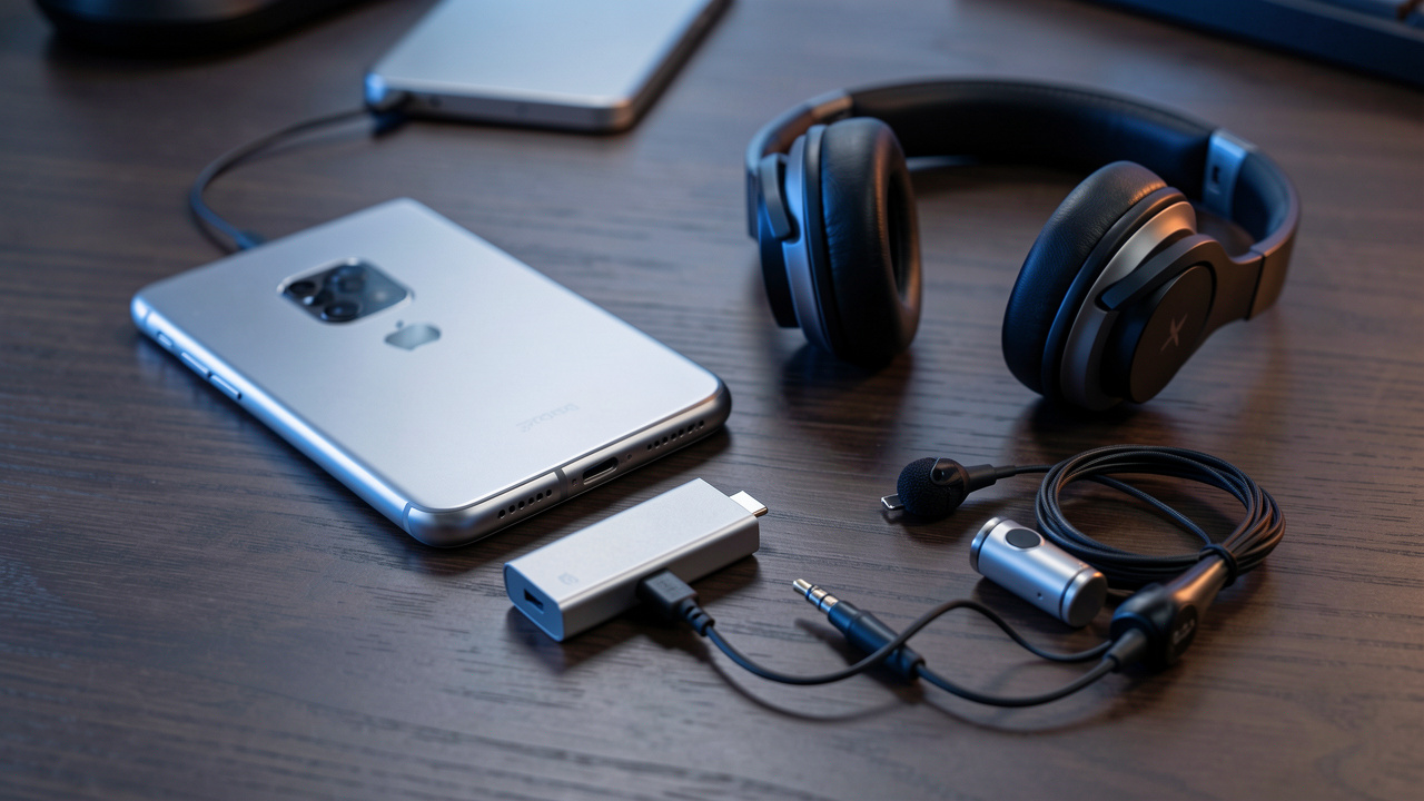 Smartphone haut de gamme relié à un adaptateur audio USB-C, un casque filaire, un microphone externe et plusieurs accessoires audio sur un bureau en bois sombre.