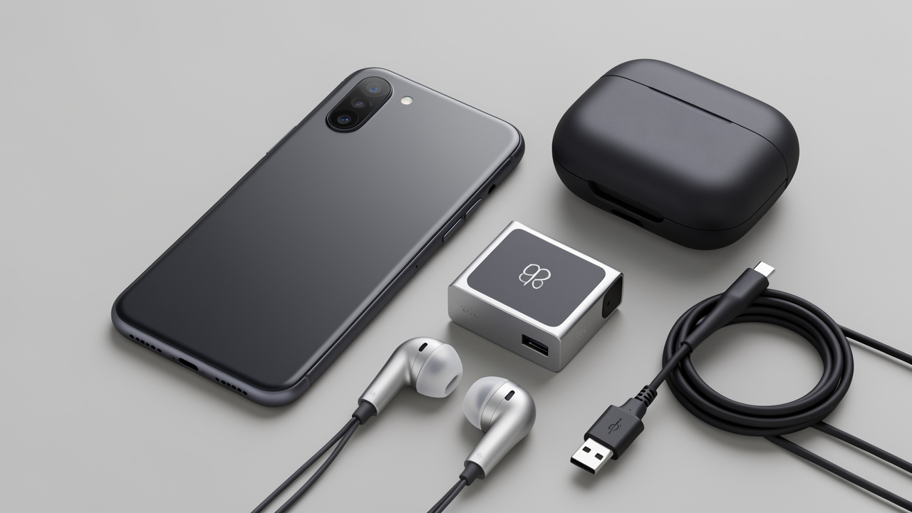 Smartphone moderne accompagné de plusieurs adaptateurs audio USB-C, écouteurs filaires, câble de recharge, DAC compact et coque de protection.