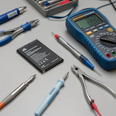 Batterie de smartphone accompagnée d’outils de réparation et d’un multimètre pour illustrer le diagnostic et le remplacement.