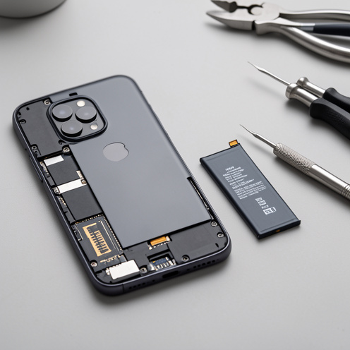 Smartphone moderne ouvert avec sa batterie amovible et des outils de réparation disposés sur un établi clair.