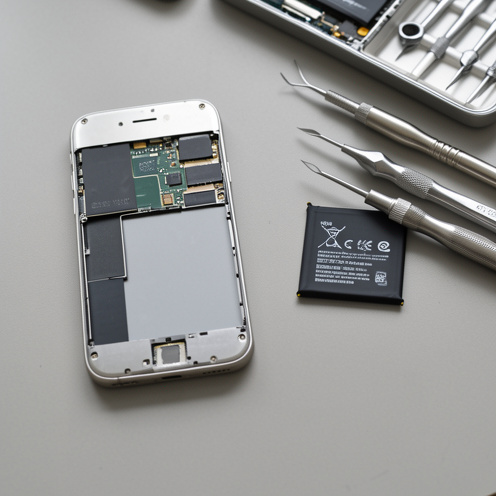 Smartphone ouvert à côté d’une batterie de remplacement et d’outils de réparation sur un établi propre.