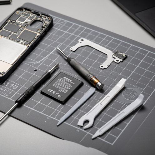 Batterie de remplacement pour iPhone SE placée à côté d’outils de réparation et d’un téléphone démonté.