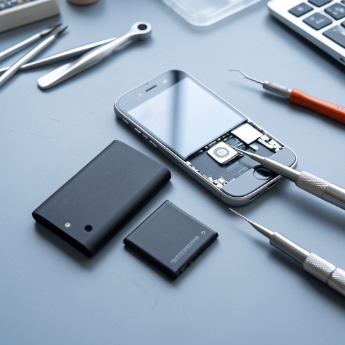 Batterie amovible de petit smartphone posée à côté d’un téléphone compact et d’outils de réparation de précision.
