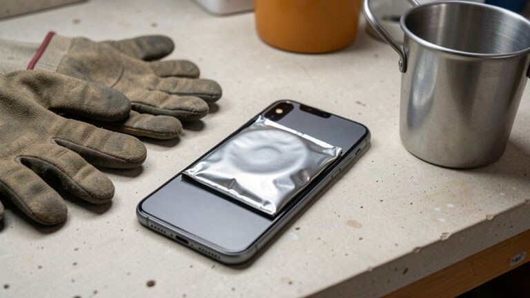 Smartphone dont la batterie gonflée soulève la coque arrière, posé à l’écart sur une surface de travail sécurisée avec des gants de protection et un contenant métallique.