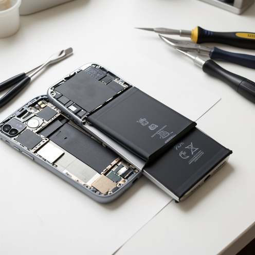 Batterie de remplacement authentique pour smartphone posée à côté d’un téléphone ouvert et d’outils de précision.