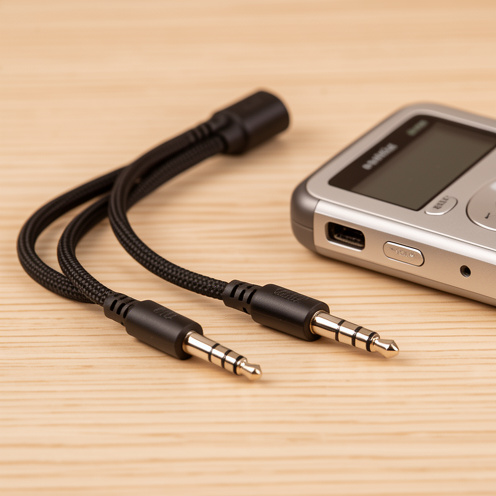 Câble audio jack vers jack noir avec deux connecteurs métalliques, placé à côté d’un casque et d’un lecteur audio sur un bureau en bois.