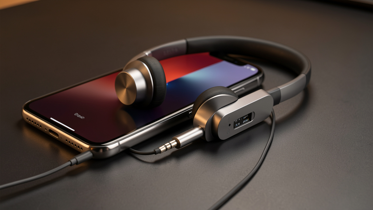 Smartphone moderne relié à un casque filaire par un câble USB-C vers jack équipé d’un module DAC intégré.