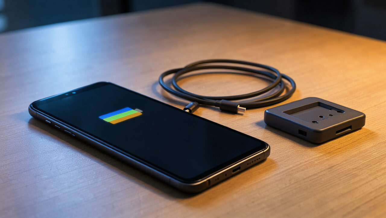Smartphone posé près d’un câble de recharge et d’un testeur de batterie, illustrant la calibration et la précision de l’autonomie.