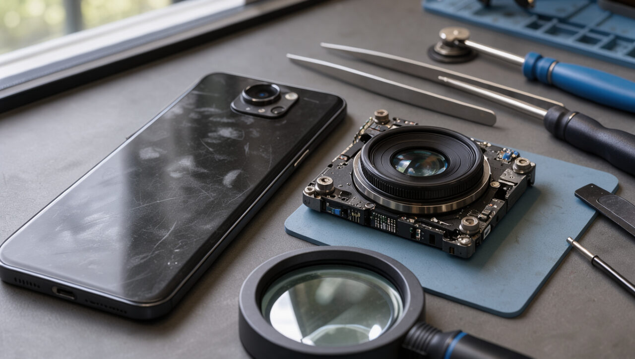 Smartphone présentant une caméra arrière floue, placé à côté d’un module photo de remplacement et d’outils de réparation sur un établi électronique.