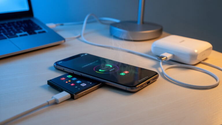 Smartphone posé sur un bureau avec son câble de recharge, illustrant les causes possibles d’une décharge rapide et les solutions pour préserver la batterie.