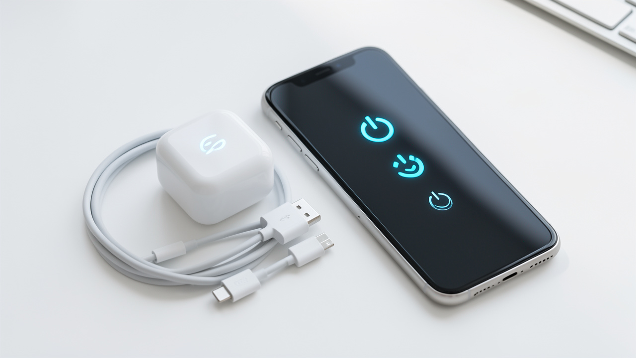 Chargeur GaN compact blanc placé à côté d’un smartphone moderne et de câbles de recharge sur un bureau clair.