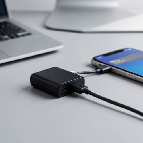 Chargeur mural noir micro-USB relié à un smartphone générique sur un bureau moderne, illustrant la compatibilité et la puissance de charge.