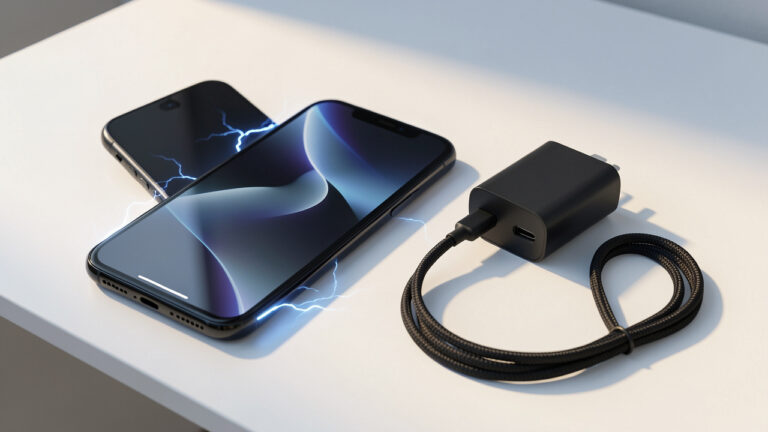 Smartphone noir connecté à un chargeur mural USB-C compact par un câble tressé, présenté sur un bureau épuré pour illustrer une recharge rapide et sécurisée.
