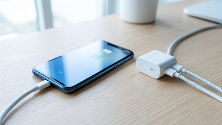 Smartphone haut de gamme relié à un chargeur mural USB-C compact par un câble tressé, posé sur un bureau en bois.