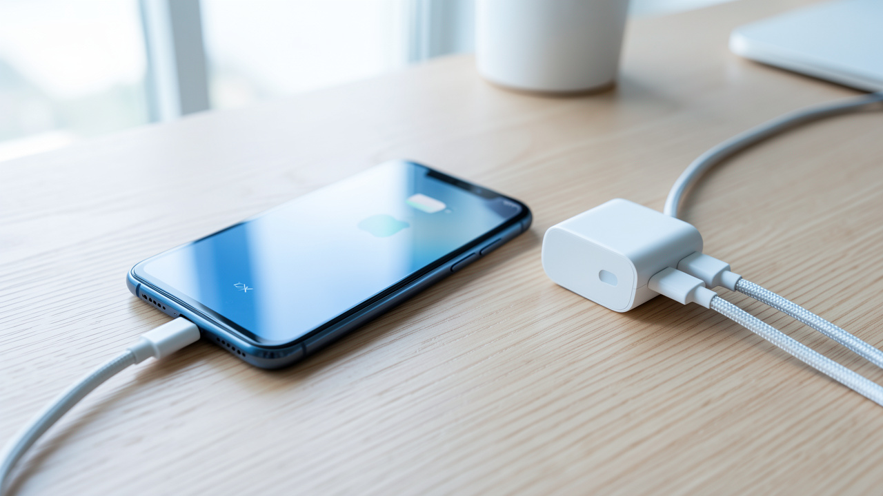 Smartphone haut de gamme relié à un chargeur mural USB-C compact par un câble tressé, posé sur un bureau en bois.