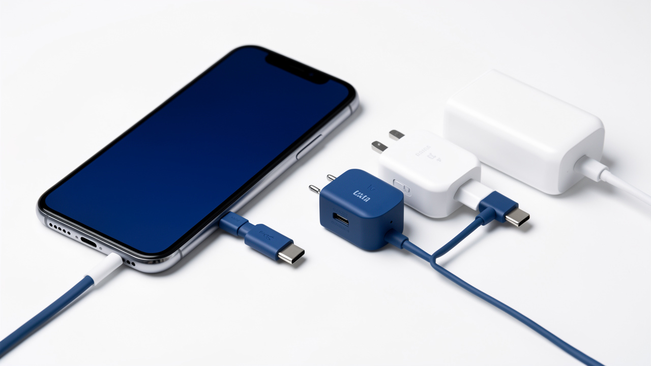 Câble USB-C branché à un smartphone, entouré de chargeurs compatibles soigneusement disposés sur une table claire.