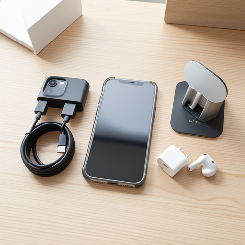 Smartphone moderne entouré d’accessoires compatibles soigneusement disposés sur un bureau en bois clair : coque de protection, câble de recharge, adaptateur secteur, écouteurs sans fil et support magnétique.