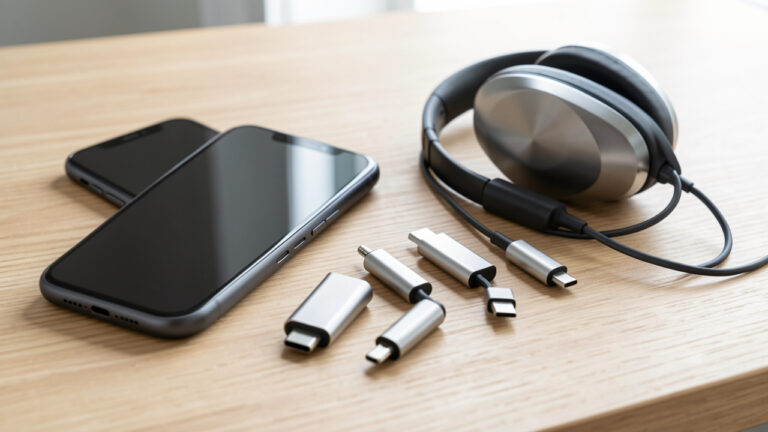 Smartphone posé à côté de plusieurs adaptateurs audio USB-C vers jack et d’un casque filaire, présentés pour comparer leurs caractéristiques.