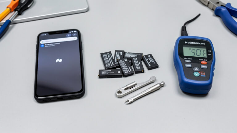 Smartphone Android entouré de batteries de remplacement compatibles et d’outils de réparation sur un établi propre.