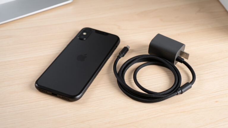 Smartphone noir posé à côté d’un chargeur mural USB-C compact et d’un câble tressé sur un bureau en bois clair.