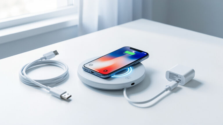 Smartphone posé sur un chargeur sans fil magnétique Qi2, avec un alignement précis et un éclairage doux sur un bureau moderne.