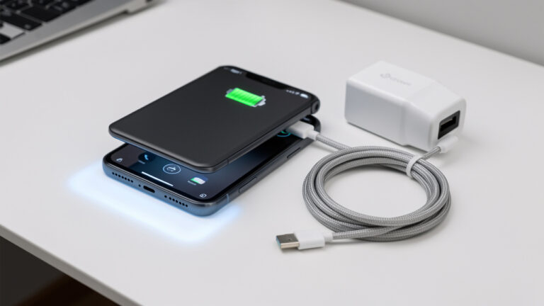 Smartphone pliable et chargeur mural USB-C compact reliés par un câble tressé sur un bureau, dans une ambiance technologique sobre.