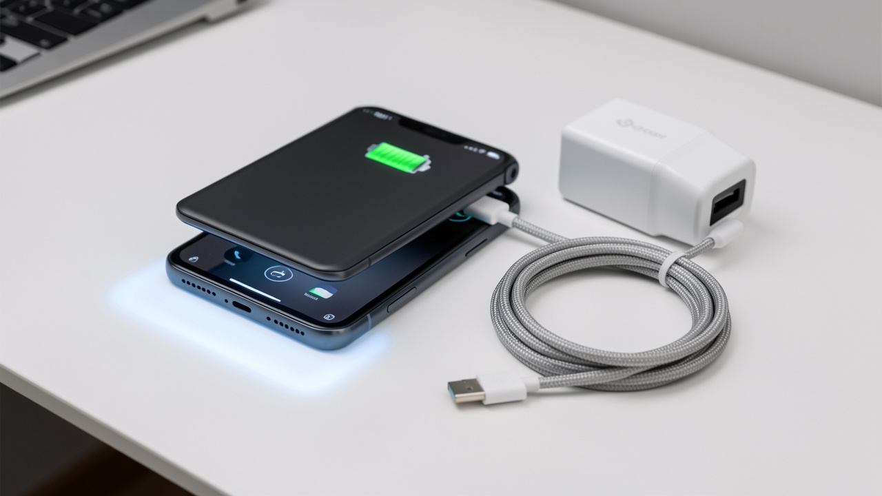 Smartphone pliable et chargeur mural USB-C compact reliés par un câble tressé sur un bureau, dans une ambiance technologique sobre.