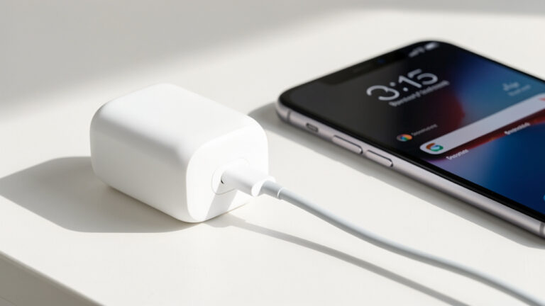 Chargeur mural USB-C blanc placé à côté d’un smartphone moderne, avec un câble USB-C prêt à être branché.