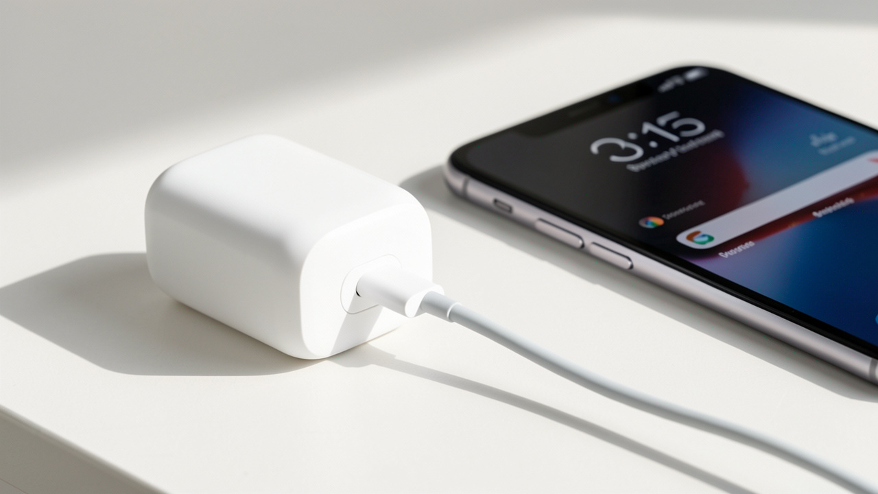 Chargeur mural USB-C blanc placé à côté d’un smartphone moderne, avec un câble USB-C prêt à être branché.