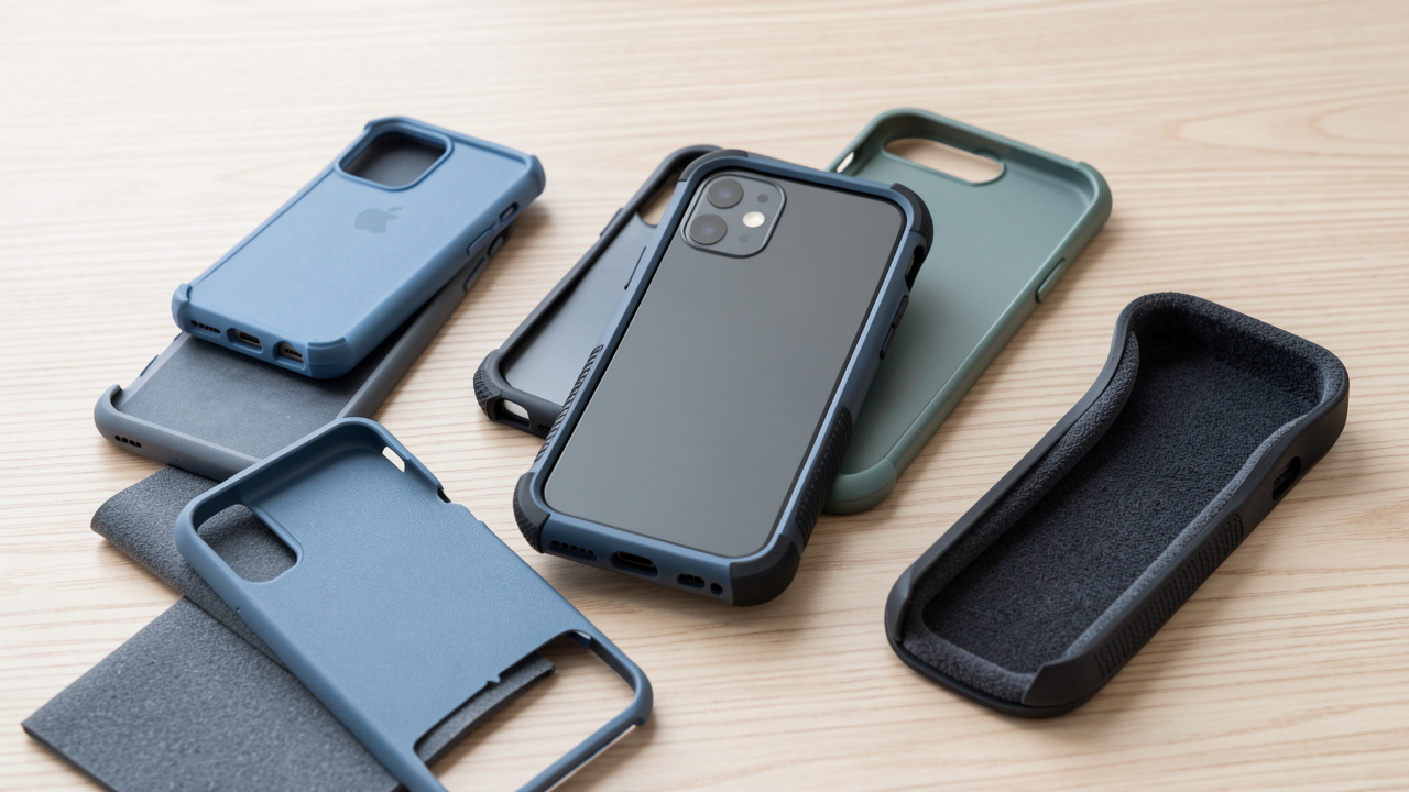Smartphone équipé d’une coque antichoc robuste, entouré de détails montrant ses protections renforcées pour un usage quotidien.