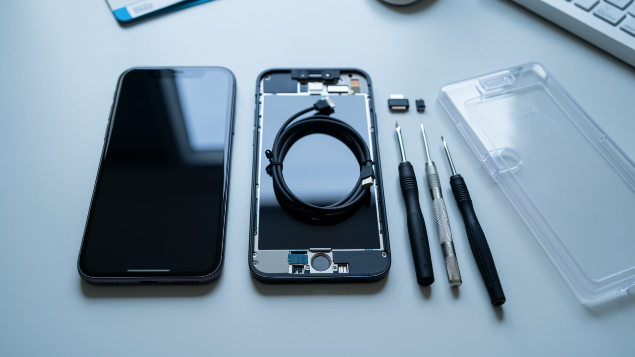 Écran de remplacement pour smartphone et outils de précision soigneusement disposés sur un établi, illustrant le choix d’un modèle compatible.