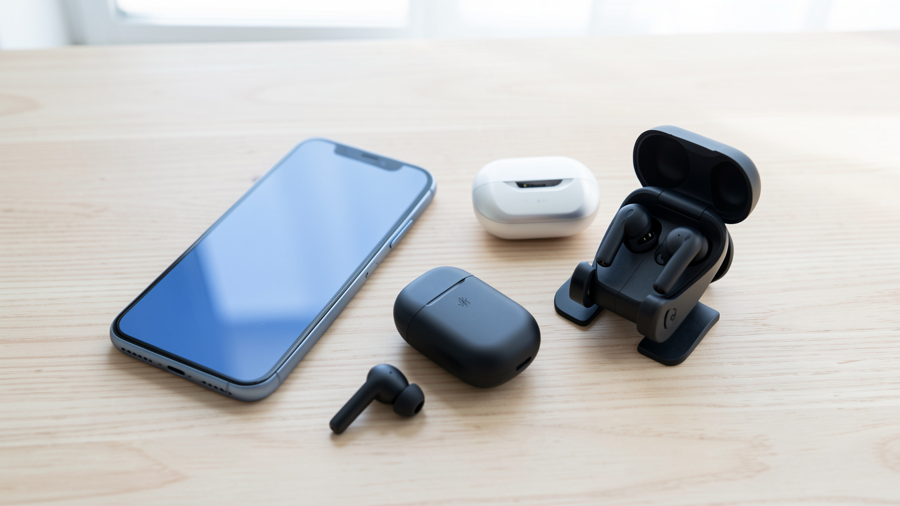 Kit mains libres Bluetooth composé d’un smartphone, d’écouteurs sans fil, d’un boîtier de recharge et d’un support pour voiture disposés sur un bureau.