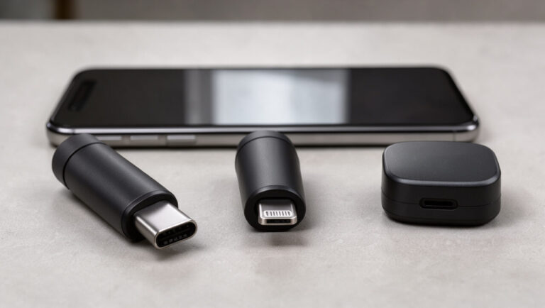 Trois microphones externes pour smartphone présentés côte à côte : un modèle USB-C, un modèle Lightning et un modèle sans fil avec récepteur.