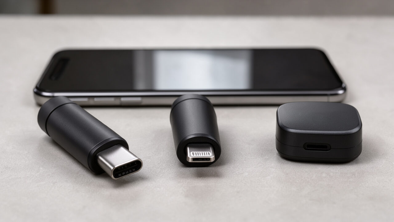 Trois microphones externes pour smartphone présentés côte à côte : un modèle USB-C, un modèle Lightning et un modèle sans fil avec récepteur.