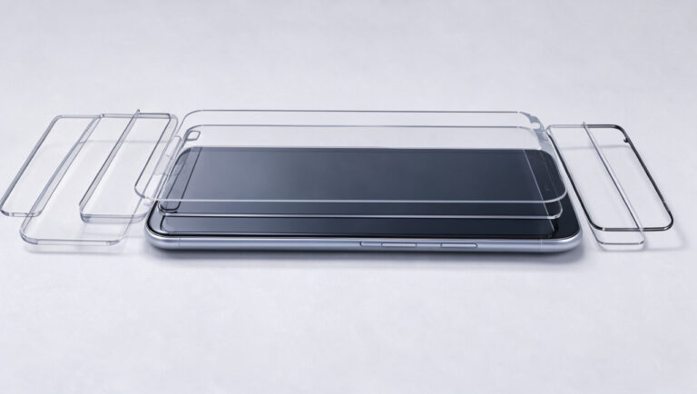 Smartphone moderne accompagné de plusieurs protections d’écran transparentes, dont une protection en verre trempé alignée au-dessus de l’écran.
