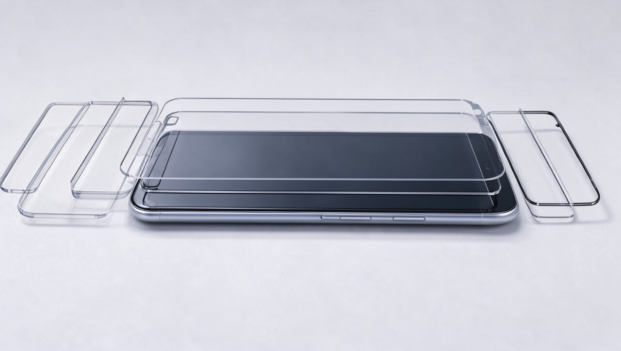 Smartphone moderne accompagné de plusieurs protections d’écran transparentes, dont une protection en verre trempé alignée au-dessus de l’écran.