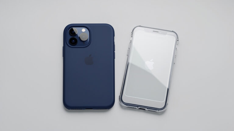 Smartphone moderne accompagné d’une coque protectrice et d’un verre trempé pour protéger durablement son écran.