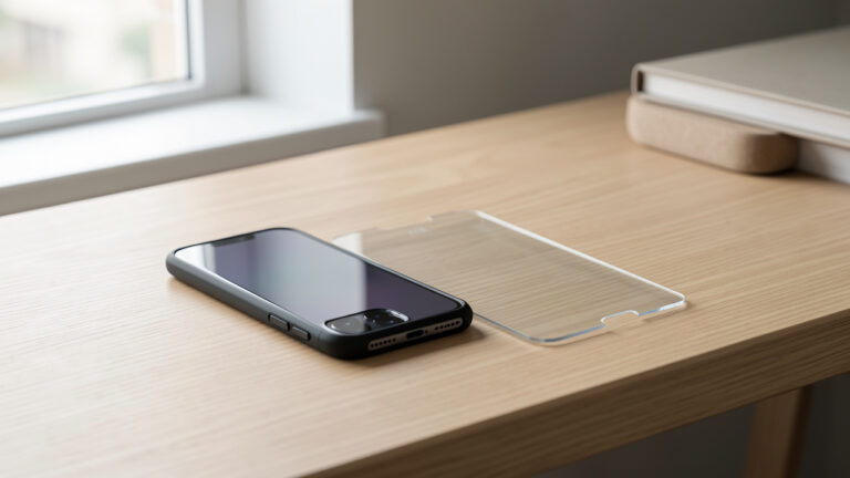 Smartphone moderne dans une coque protectrice accompagné d’une protection d’écran en verre trempé, posé sur un bureau en bois.