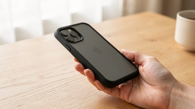 Un smartphone compact dans une coque fine et antidérapante, tenu confortablement dans la main d’une femme.