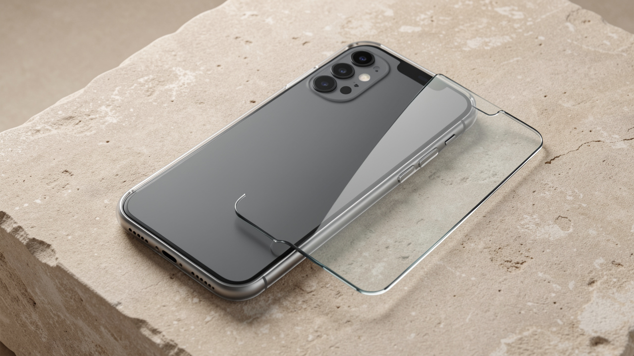 Smartphone moderne accompagné d’une coque transparente fine et d’une protection d’écran en verre trempé, présentés sur une surface minérale.
