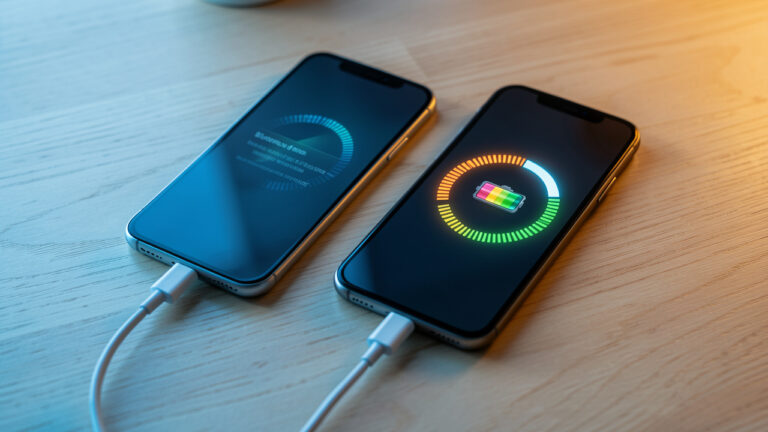 Smartphone posé près de son câble de charge, avec une représentation visuelle abstraite des cycles d’énergie et de la durée de vie de la batterie.