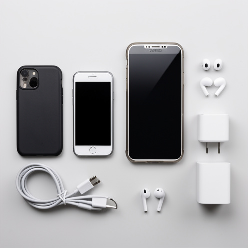 Deux smartphones de tailles différentes présentés côte à côte avec leurs coques de protection, câble de recharge, adaptateur et écouteurs compatibles.