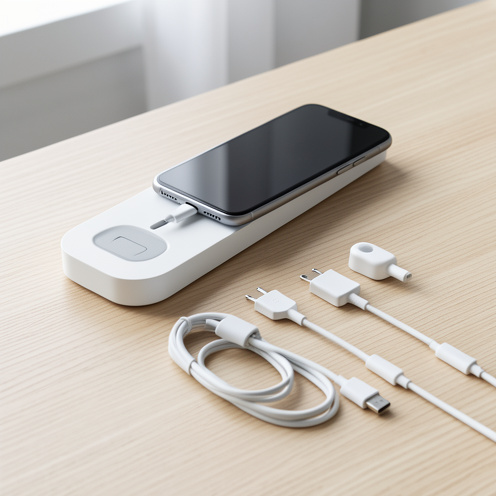 Station d’accueil pour smartphone avec connecteur compact et câbles de recharge alternatifs disposés sur un bureau en bois.