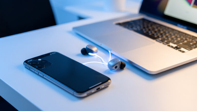 Écouteurs Bluetooth placés entre un smartphone et un ordinateur portable, symbolisant une connexion fluide entre les deux appareils.